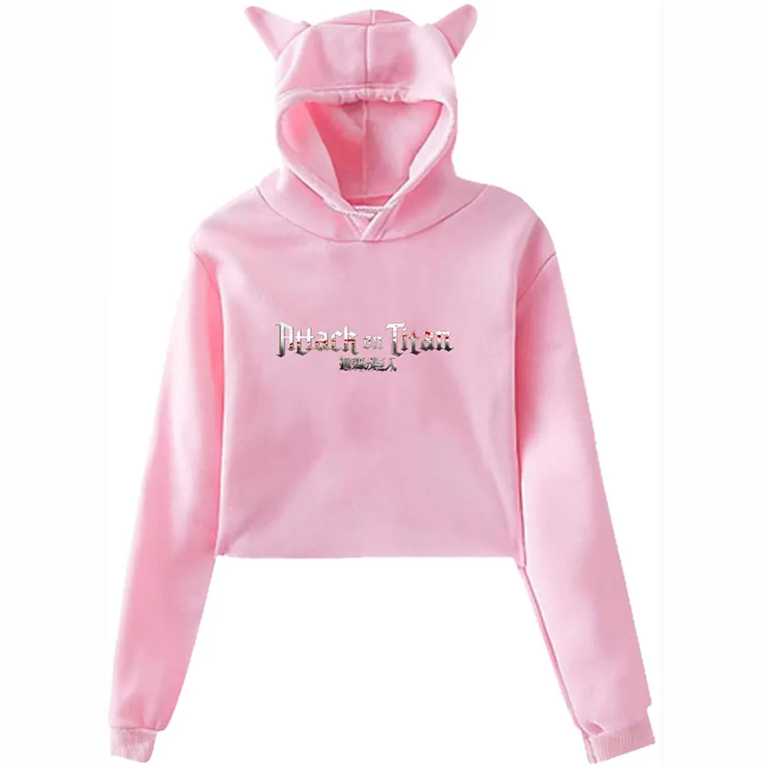 Attack On Titan Printed Woman's Soft Cat Ear Drawsting Long sleeve Crop Top Hoodie