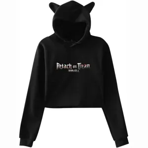 Attack On Titan Printed Woman's Soft Cat Ear Drawsting Long sleeve Crop Top Hoodie