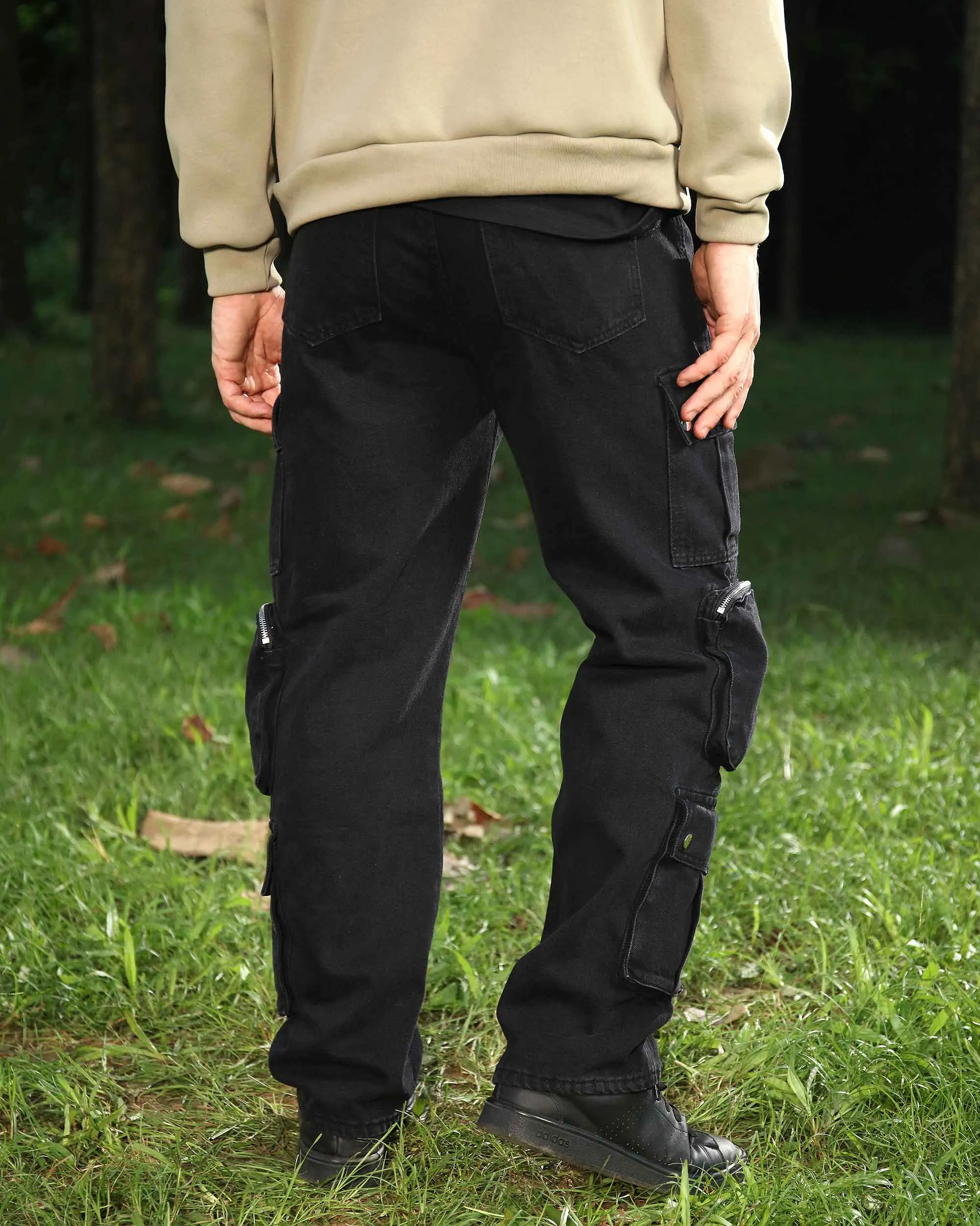Black Baggy Jeans with Zip and Cargo Pockets