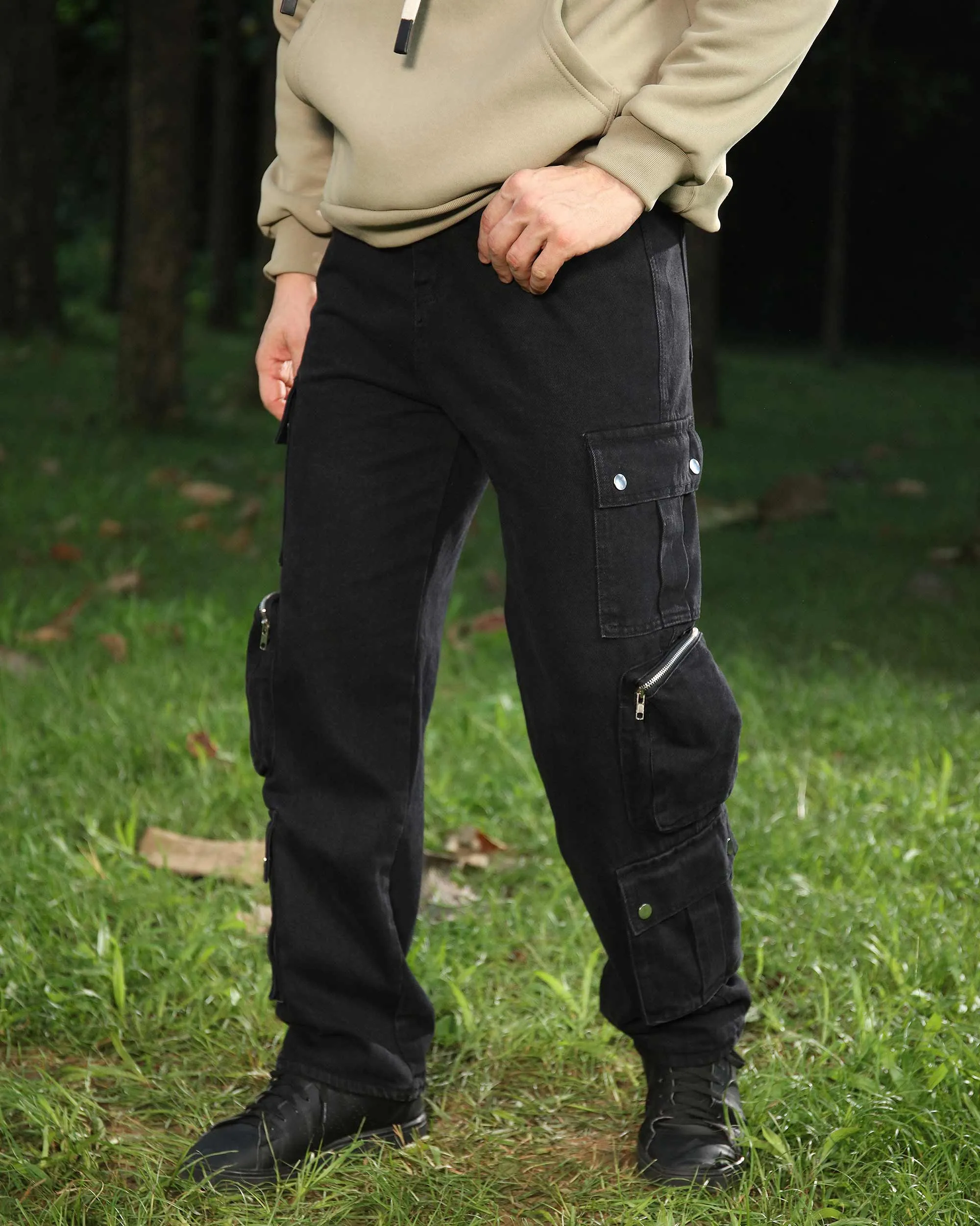 Black Baggy Jeans with Zip and Cargo Pockets