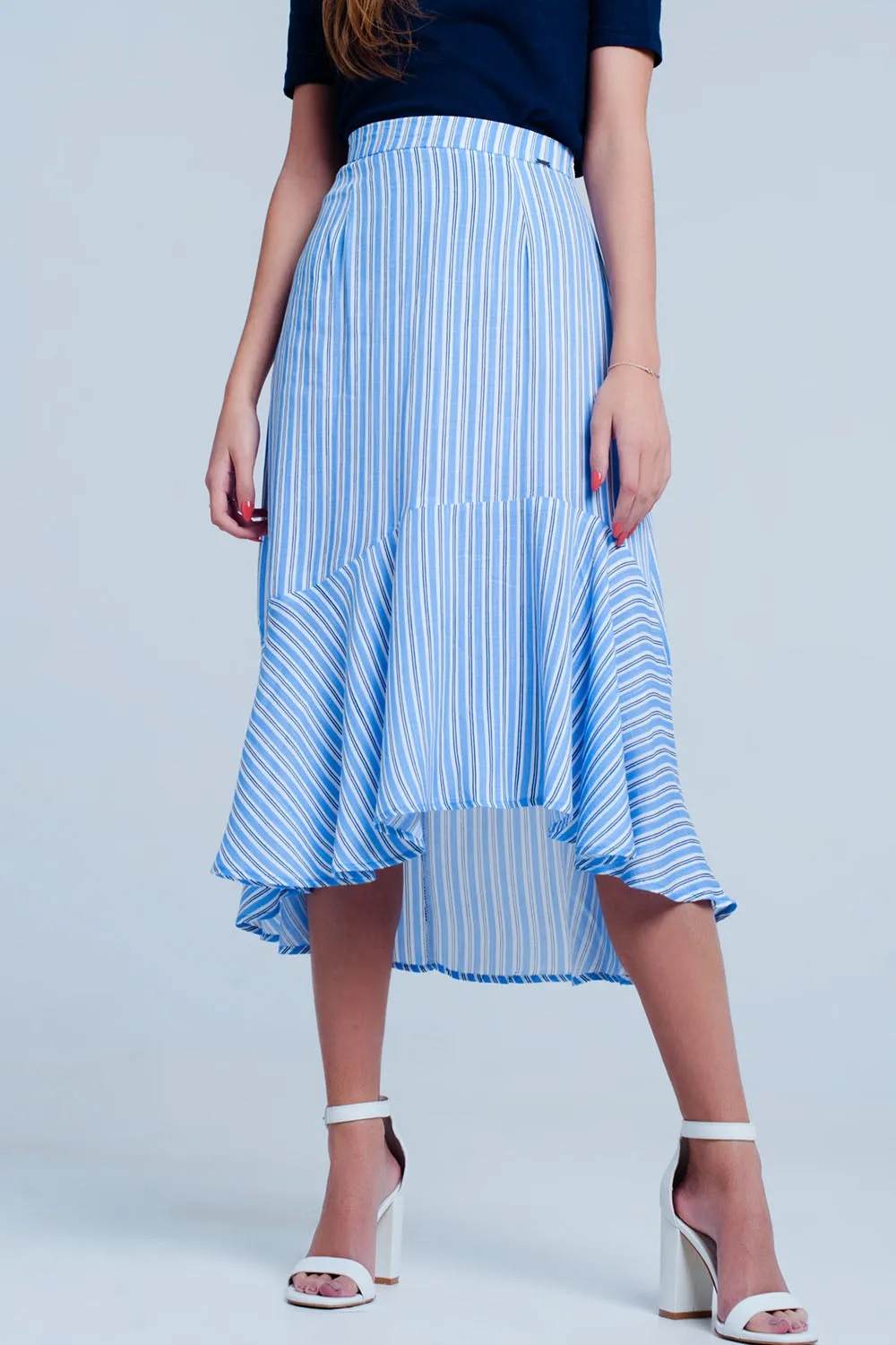 Blue stripe asymetric hem midi skirt