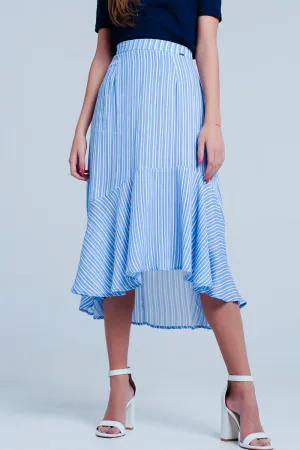 Blue stripe asymetric hem midi skirt