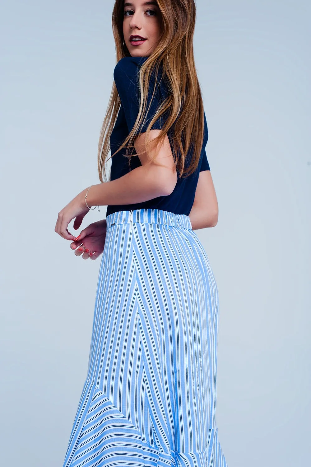 Blue stripe asymetric hem midi skirt