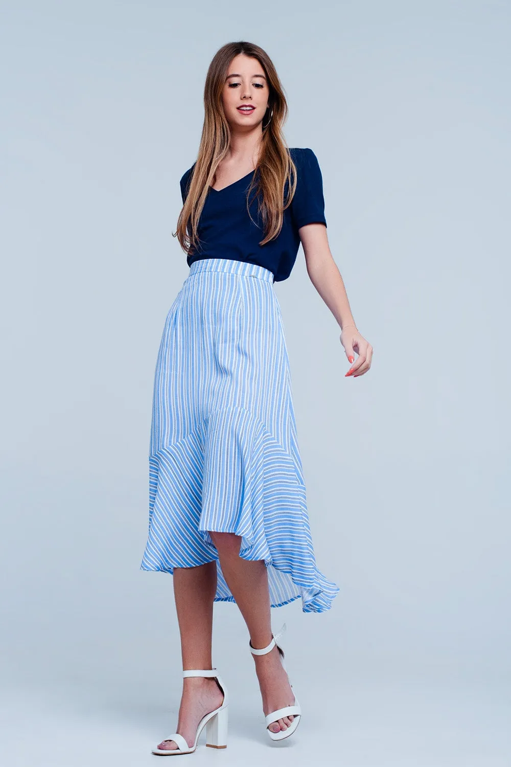 Blue stripe asymetric hem midi skirt