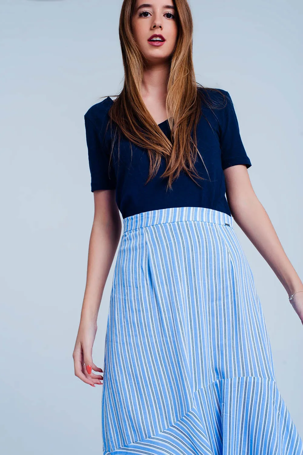 Blue stripe asymetric hem midi skirt
