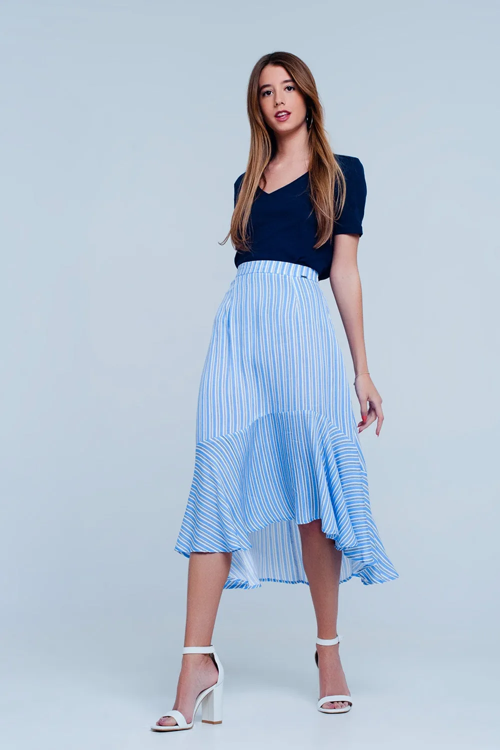 Blue stripe asymetric hem midi skirt