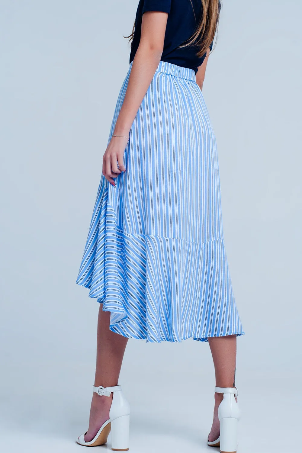 Blue stripe asymetric hem midi skirt