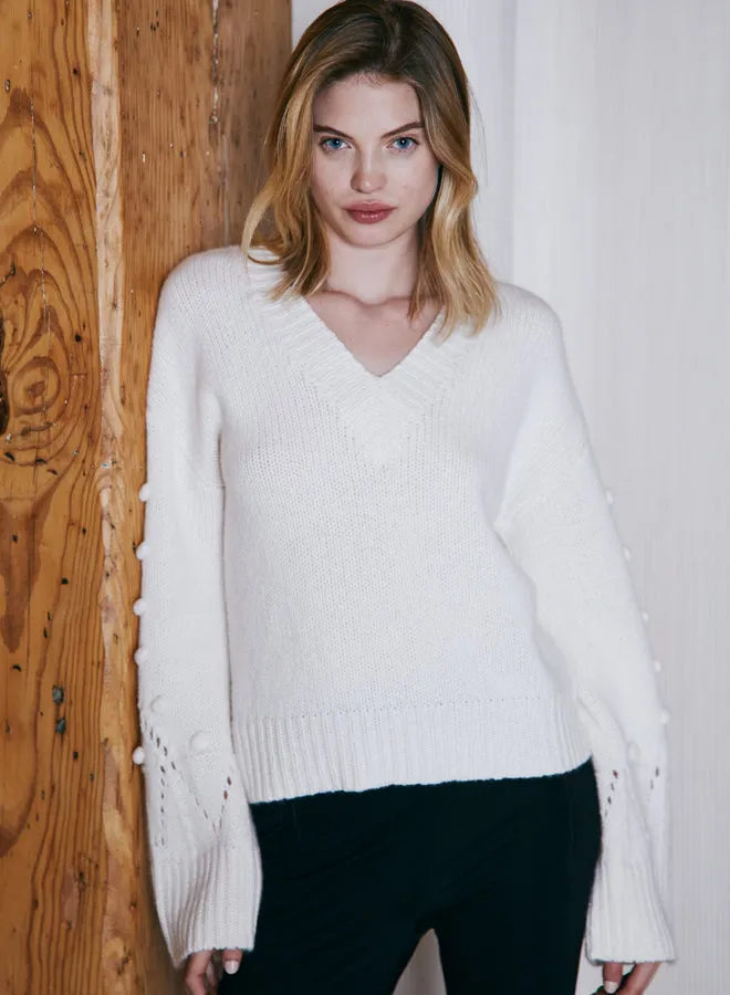 Chunky Pointelle Sweater W/ Popcorn Stitch Sleeves