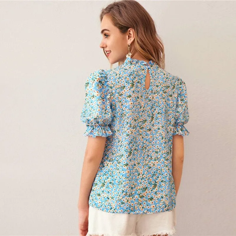 Ditsy Floral Frill Neck Puff Sleeve Top Keyhole Back Blouse