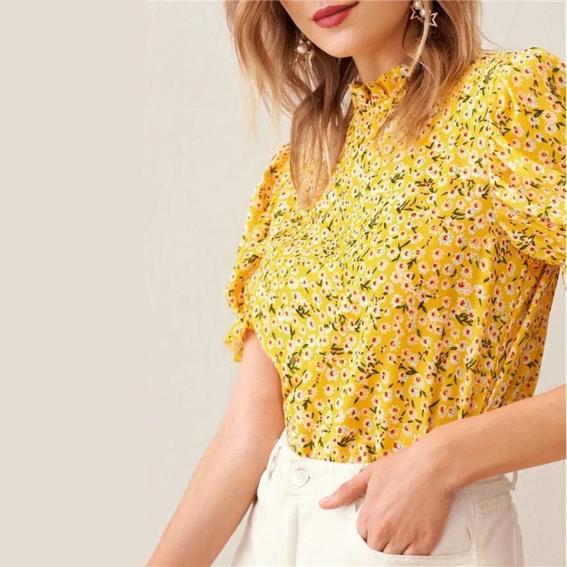 Ditsy Floral Frill Neck Puff Sleeve Top Keyhole Back Blouse