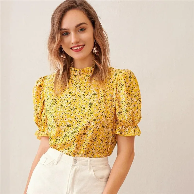 Ditsy Floral Frill Neck Puff Sleeve Top Keyhole Back Blouse