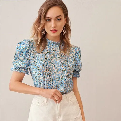 Ditsy Floral Frill Neck Puff Sleeve Top Keyhole Back Blouse