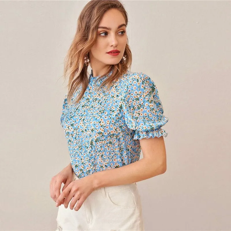 Ditsy Floral Frill Neck Puff Sleeve Top Keyhole Back Blouse