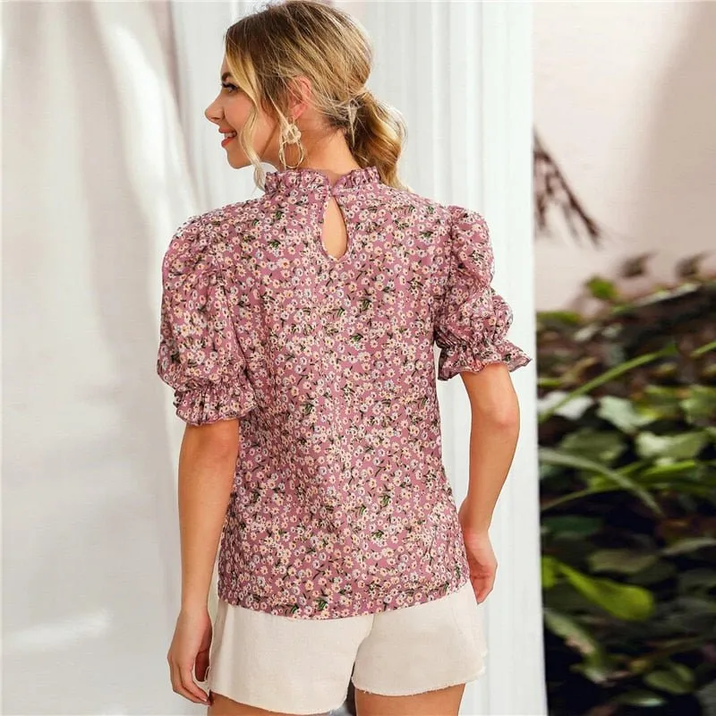 Ditsy Floral Frill Neck Puff Sleeve Top Keyhole Back Blouse