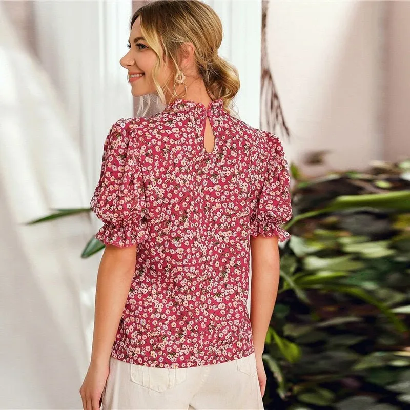 Ditsy Floral Frill Neck Puff Sleeve Top Keyhole Back Blouse