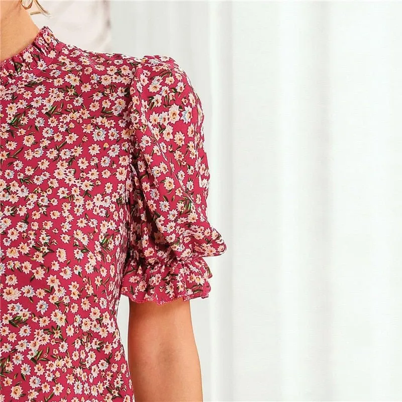 Ditsy Floral Frill Neck Puff Sleeve Top Keyhole Back Blouse