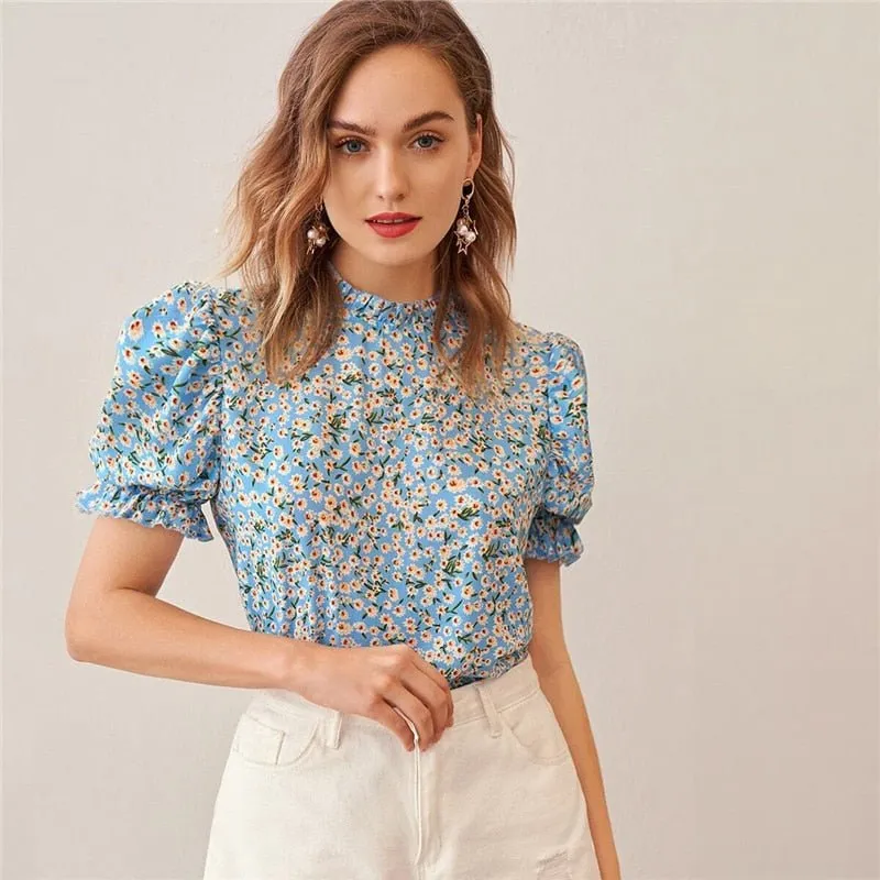 Ditsy Floral Frill Neck Puff Sleeve Top Keyhole Back Blouse