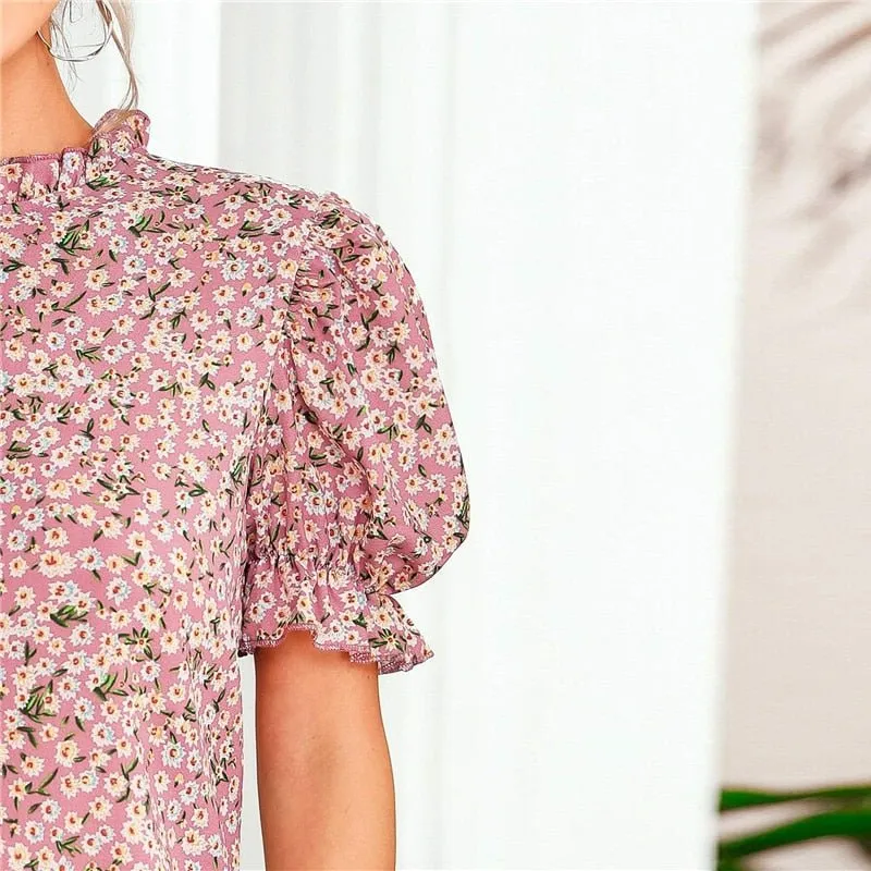 Ditsy Floral Frill Neck Puff Sleeve Top Keyhole Back Blouse