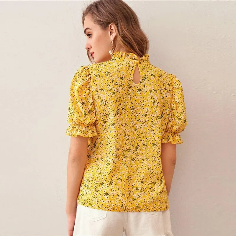 Ditsy Floral Frill Neck Puff Sleeve Top Keyhole Back Blouse