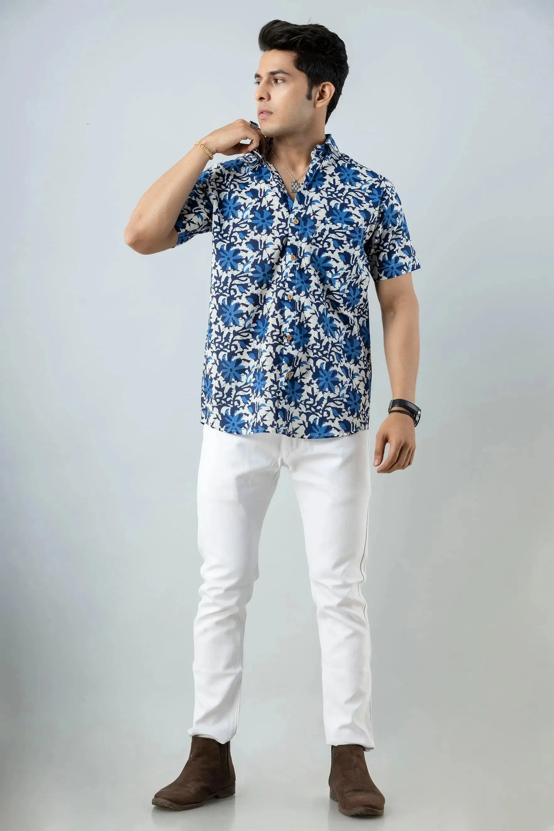 Firangi Yarn Block Printed Cotton Blue Abstract Floral Printed Shirt For Men
