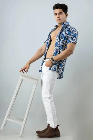 Firangi Yarn Block Printed Cotton Blue Abstract Floral Printed Shirt For Men