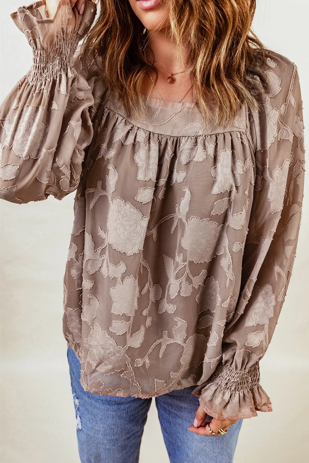Floral Textured Square Neck Ruffled Babydoll Top