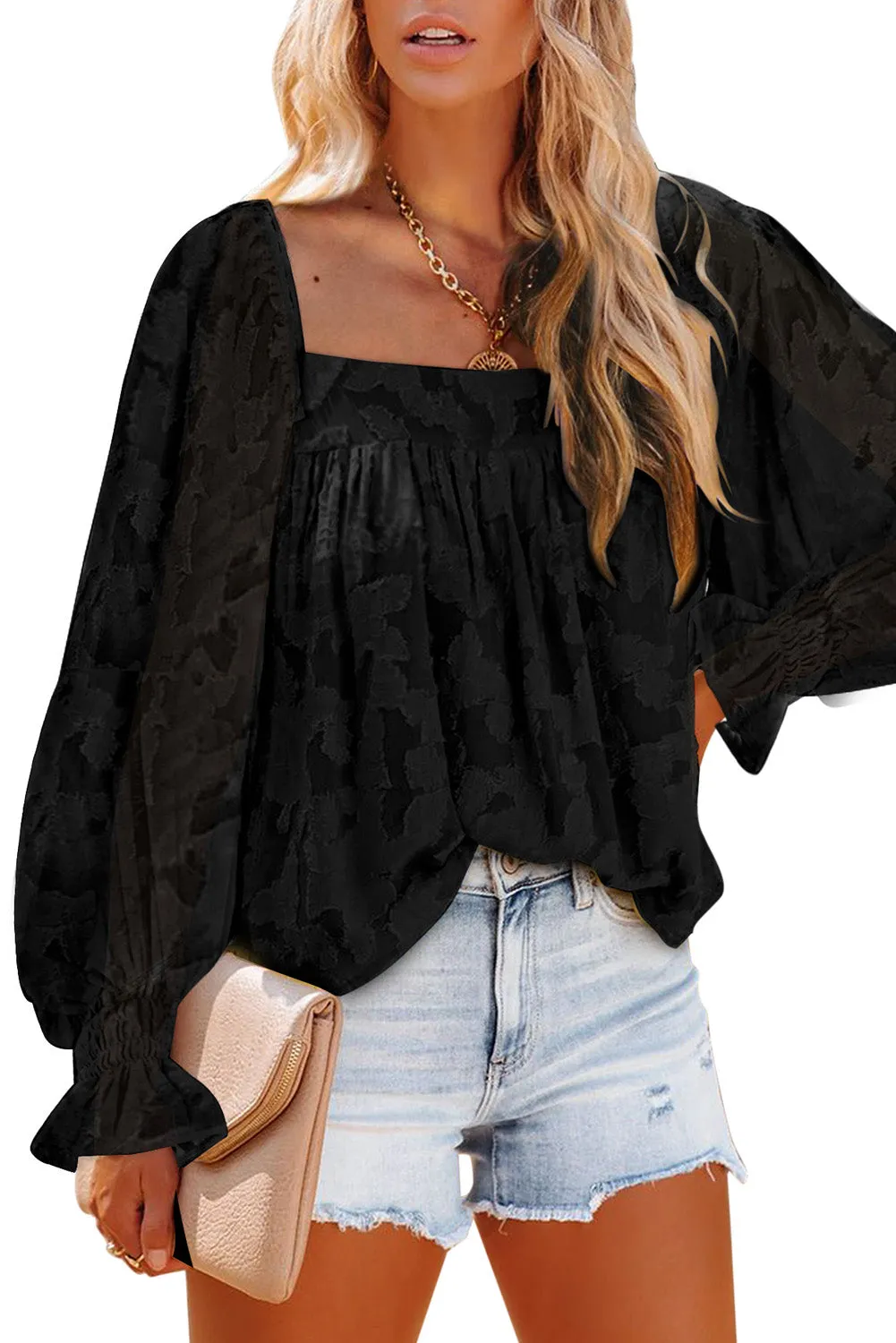 Floral Textured Square Neck Ruffled Babydoll Top