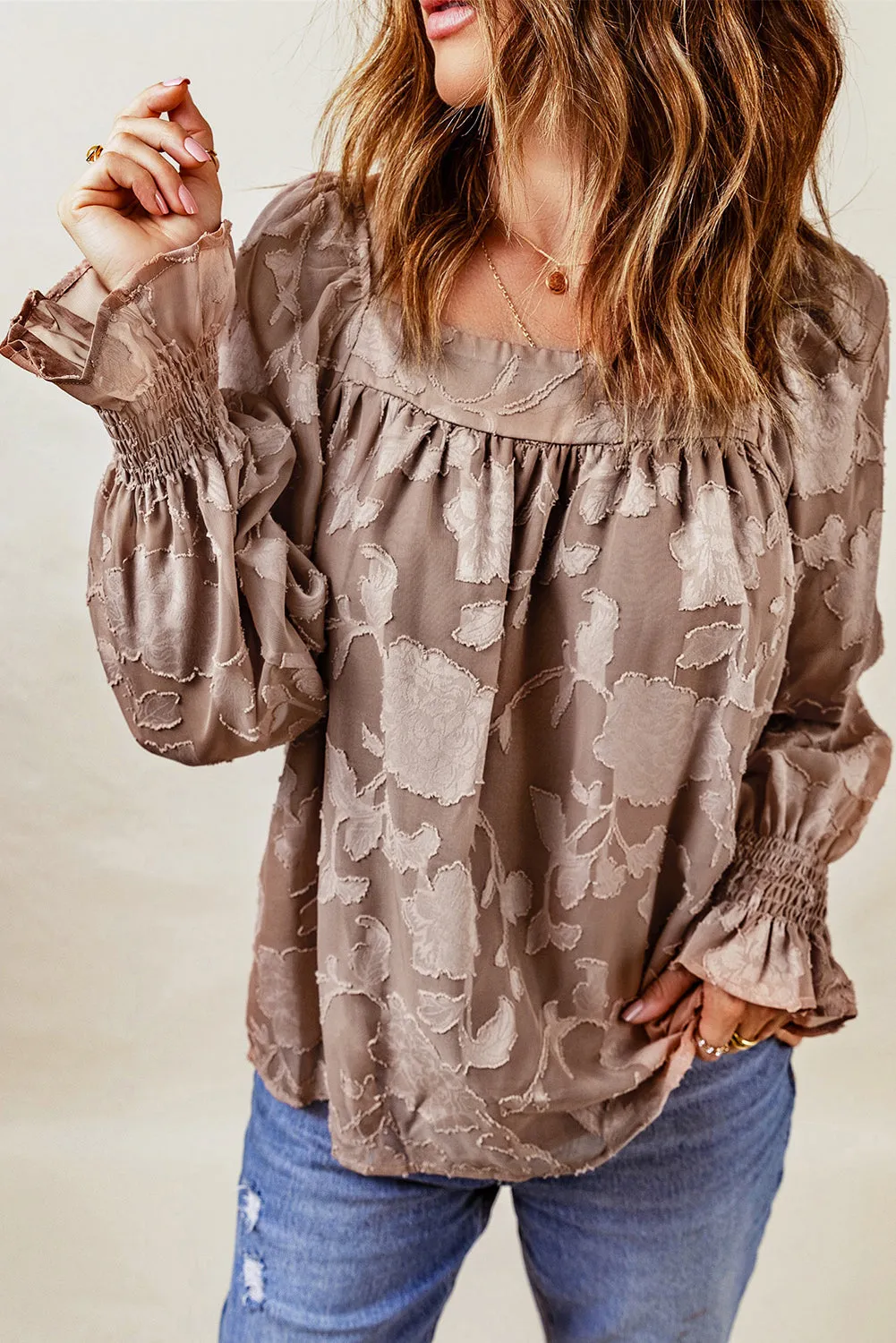 Floral Textured Square Neck Ruffled Babydoll Top