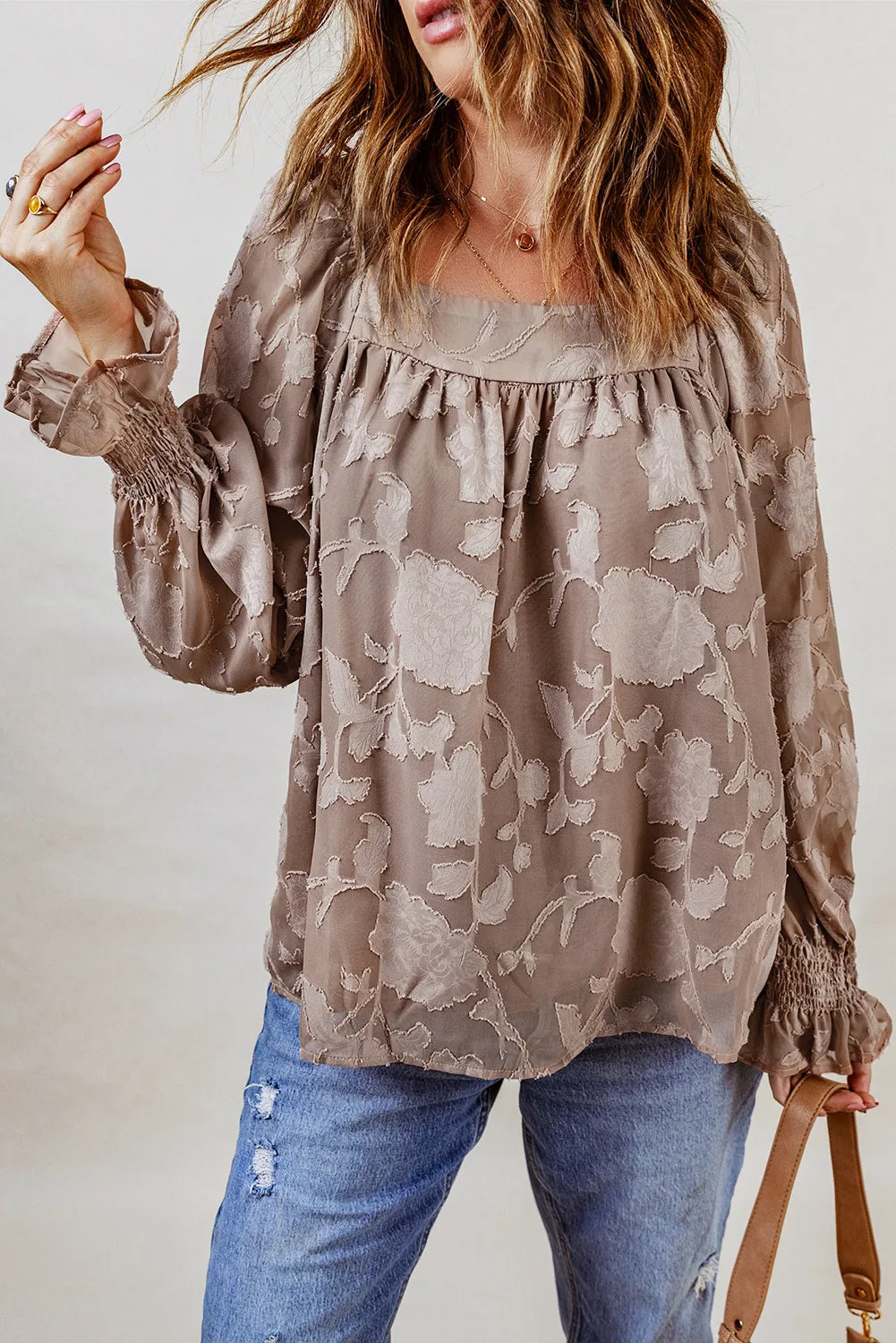 Floral Textured Square Neck Ruffled Babydoll Top