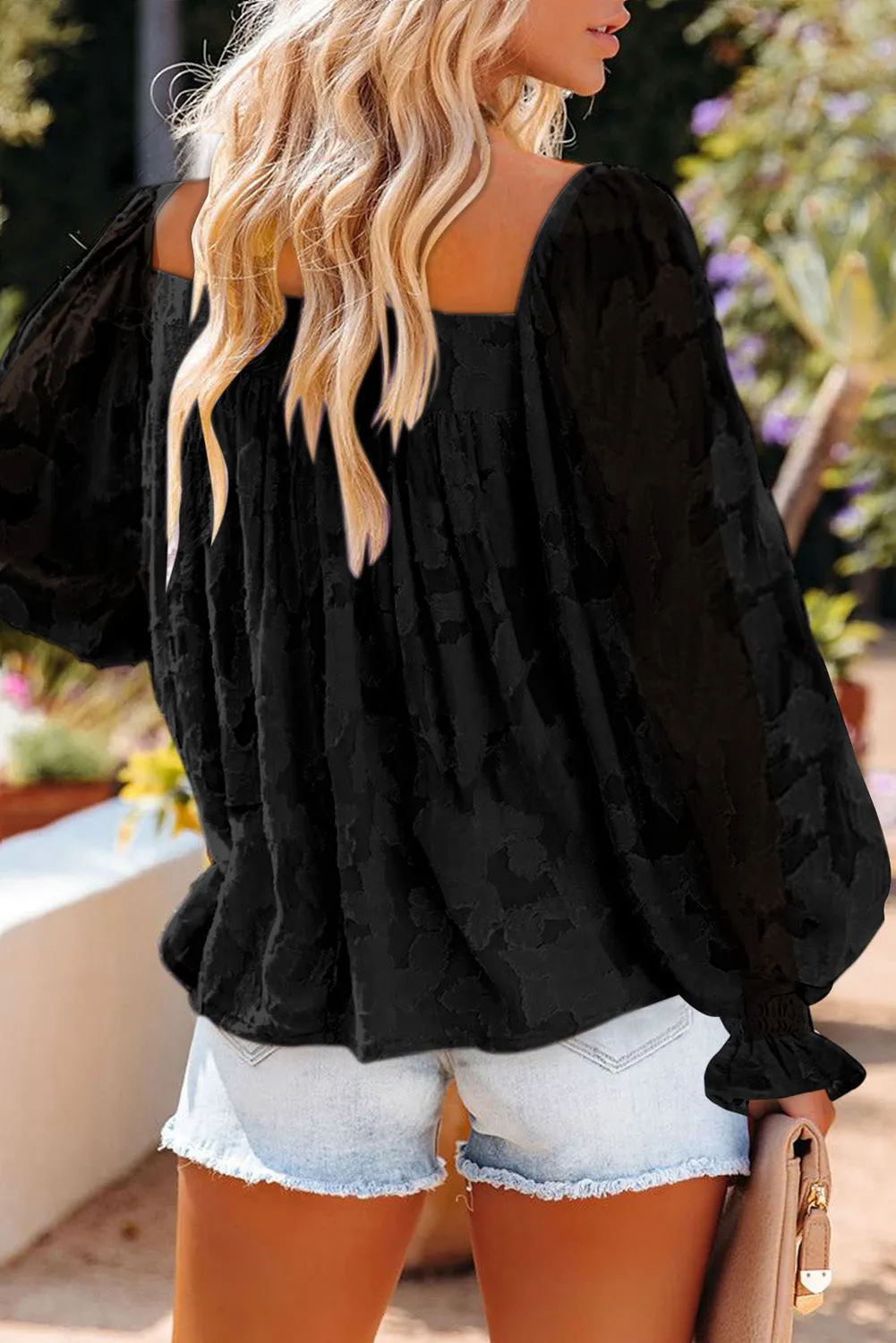 Floral Textured Square Neck Ruffled Babydoll Top