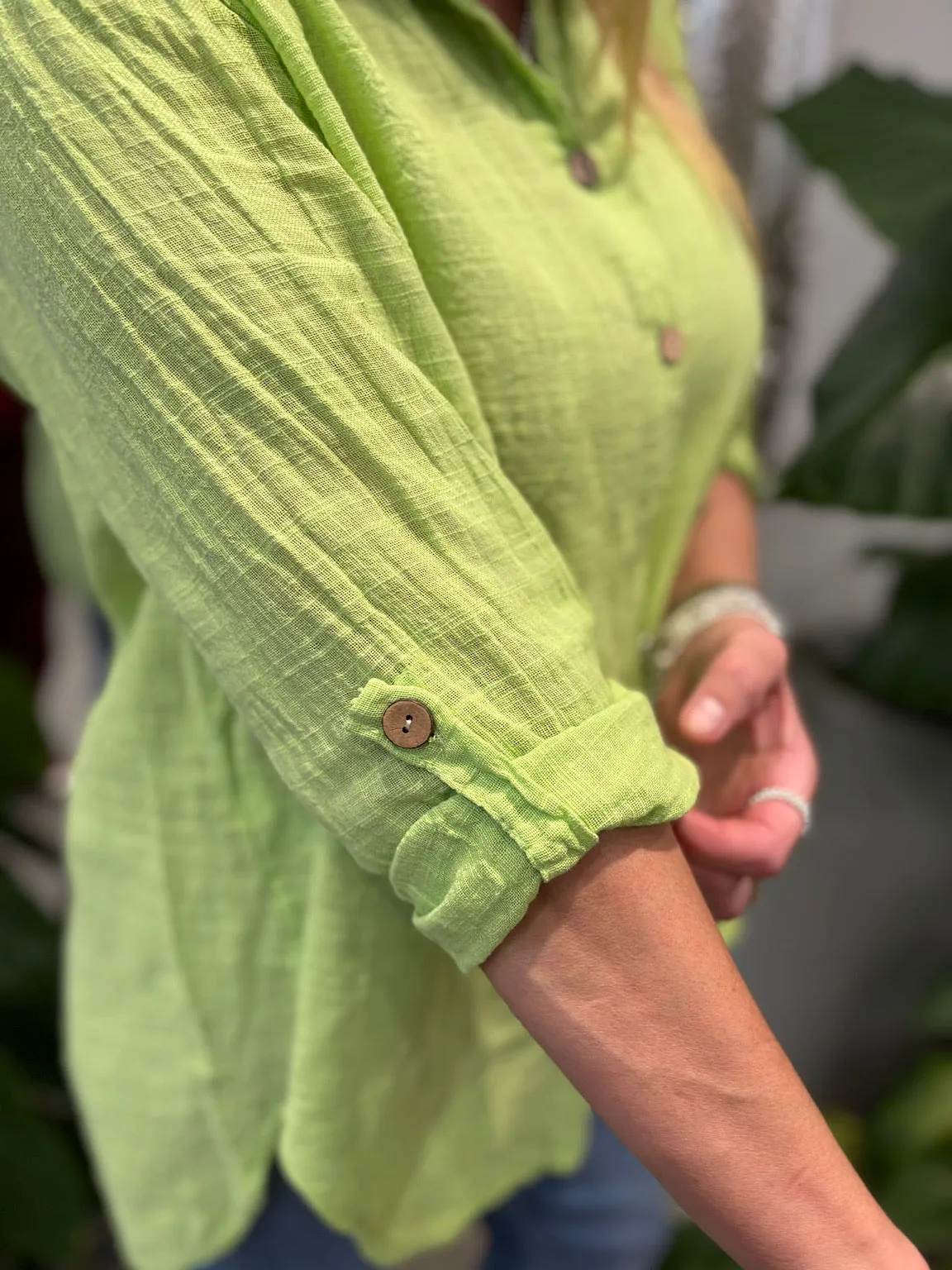 Lime Cotton Button Sleeve Blouse Katie