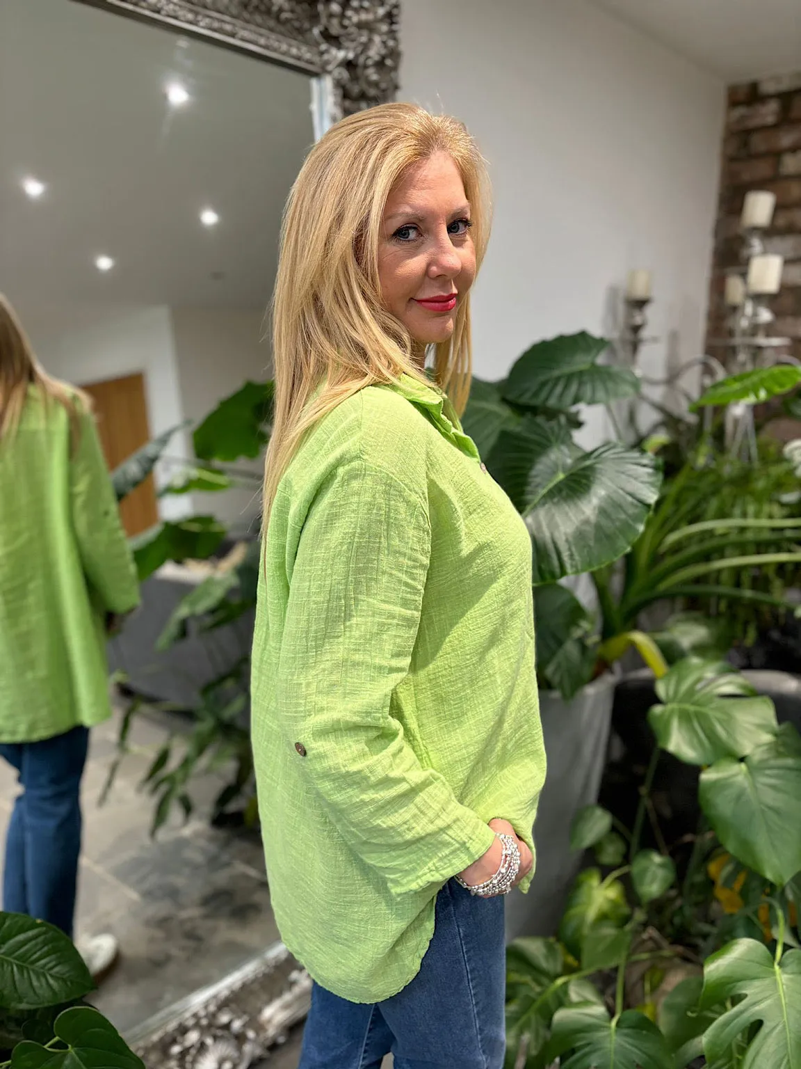 Lime Cotton Button Sleeve Blouse Katie