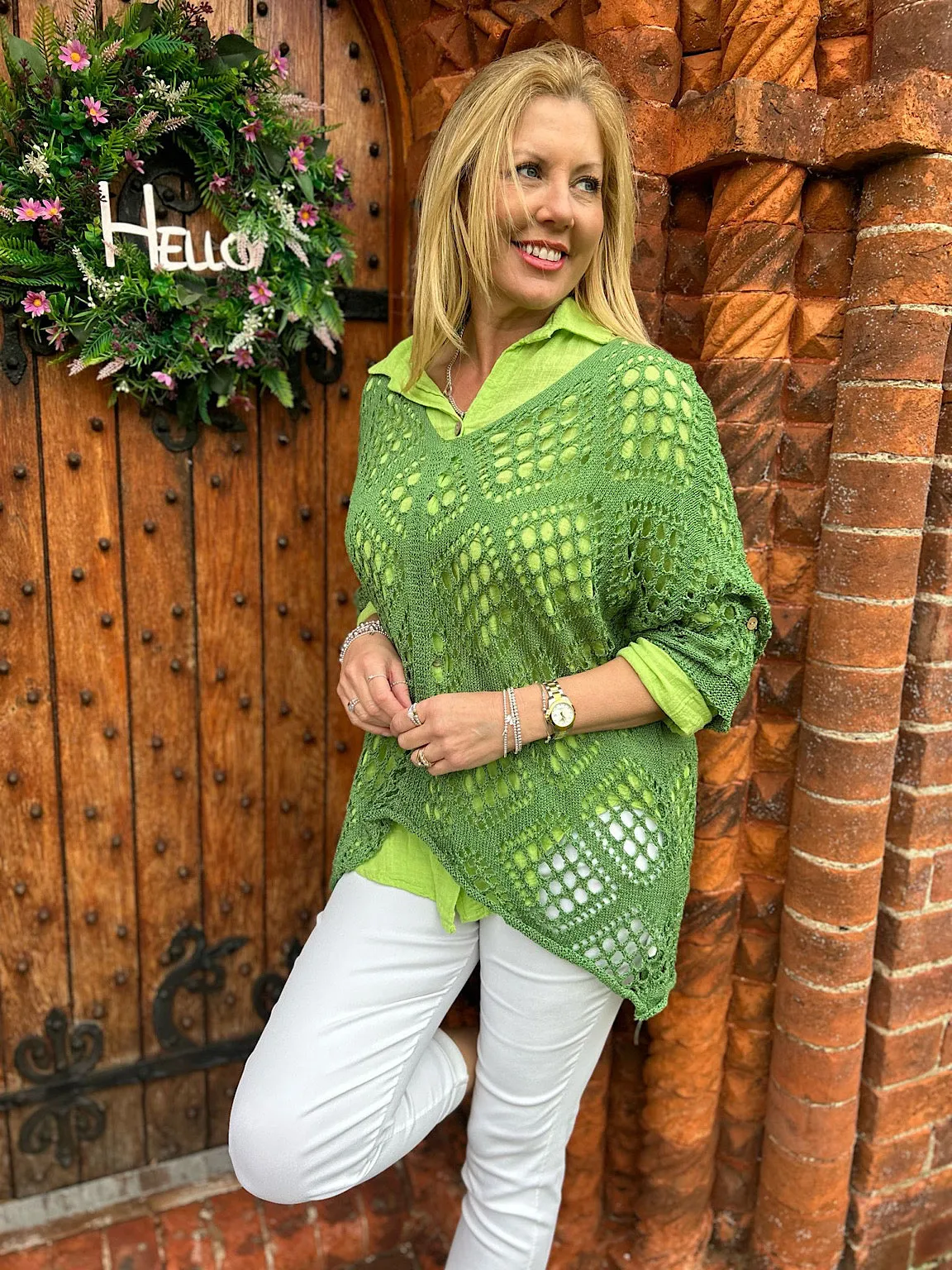 Lime Cotton Button Sleeve Blouse Katie