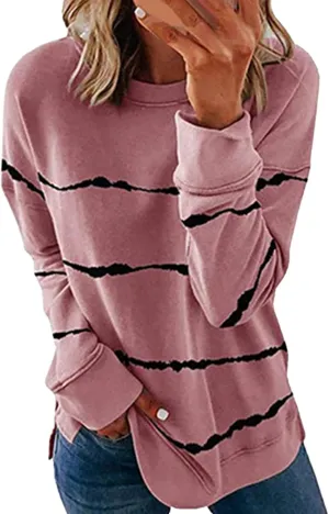 Long Sleeve Shirts for Womens, Women Casual Long Sleeve Crewneck Sweatshirt Striped Printed Loose Pullover Tops Shirts