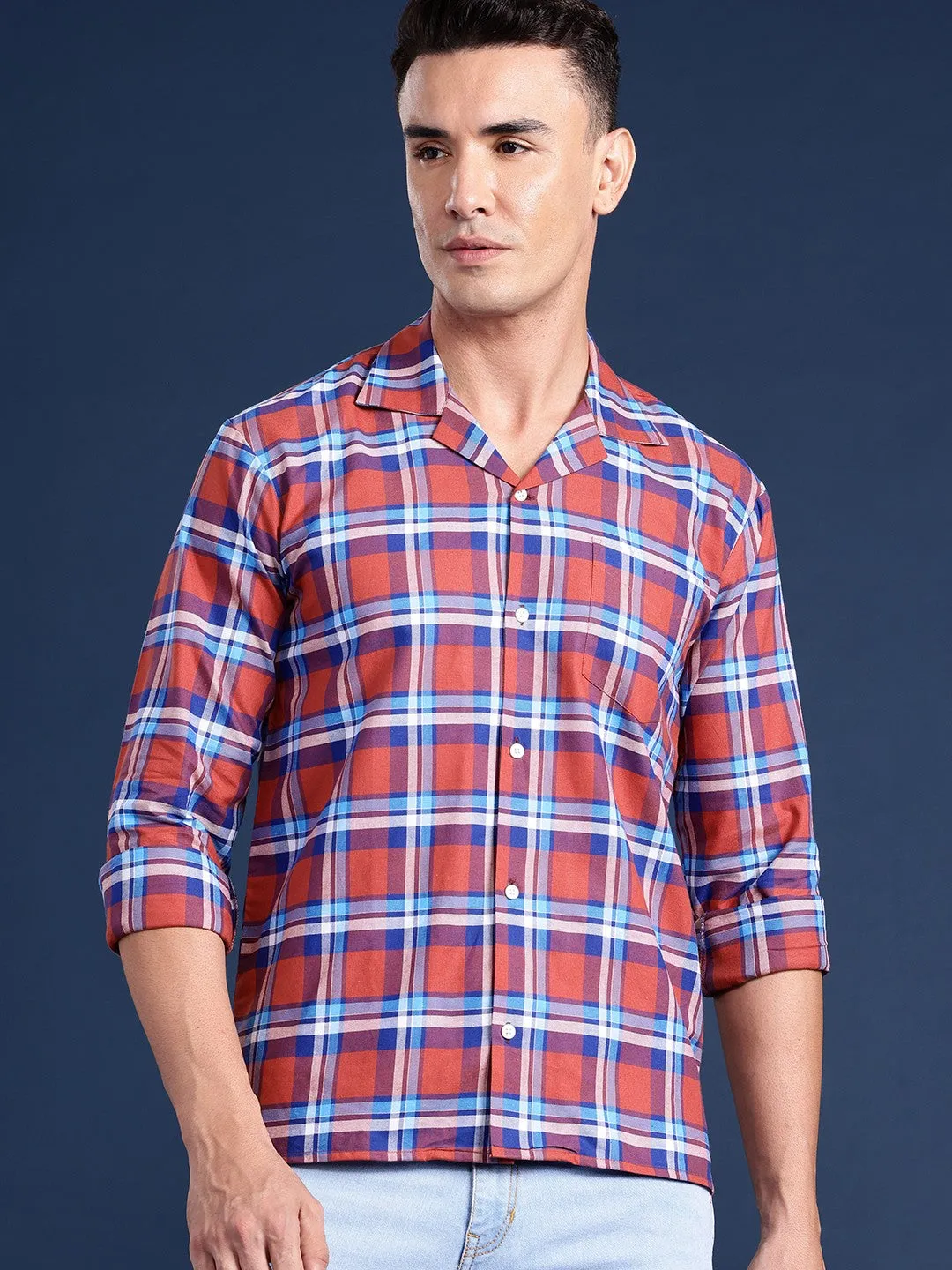 Men Rust Checked Pure Cotton Relaxed Fit Casual Shirt