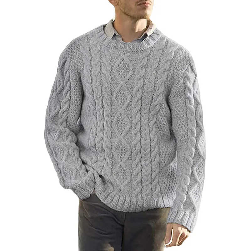 Mens Sweater  Chunky Cable Knit  Oversized Fit  Ribbed Round Neck Pullover