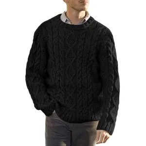 Mens Sweater  Chunky Cable Knit  Oversized Fit  Ribbed Round Neck Pullover