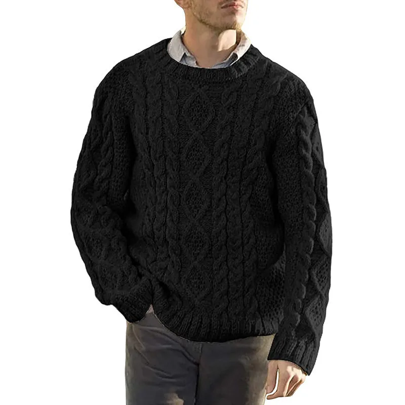 Mens Sweater  Chunky Cable Knit  Oversized Fit  Ribbed Round Neck Pullover