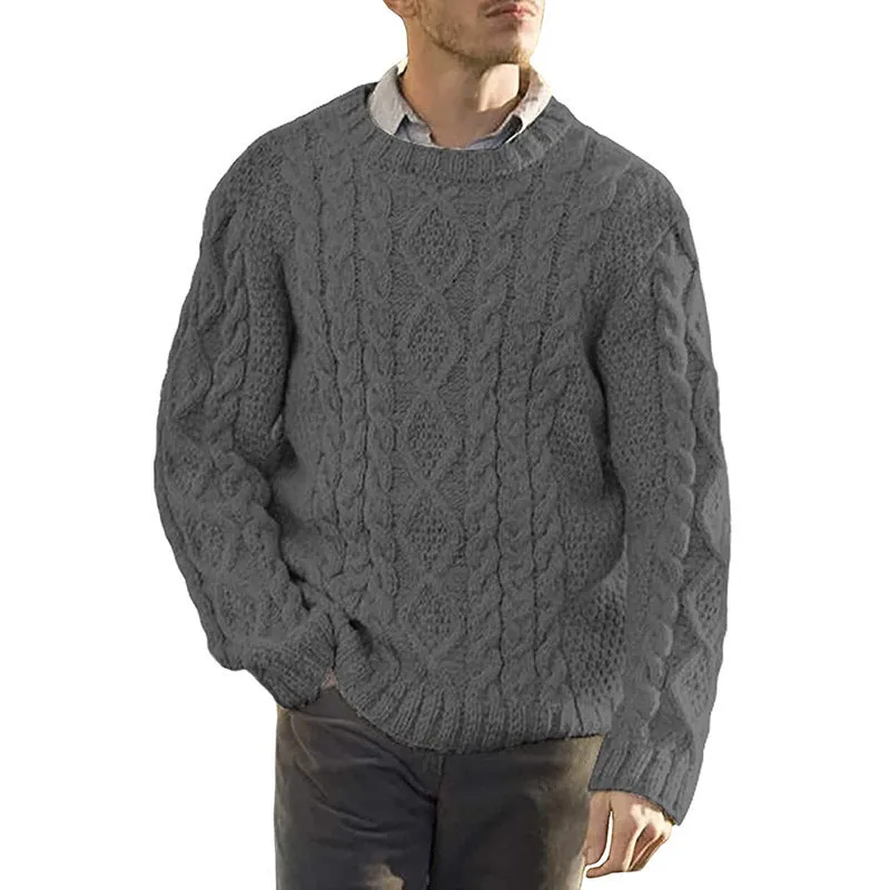 Mens Sweater  Chunky Cable Knit  Oversized Fit  Ribbed Round Neck Pullover