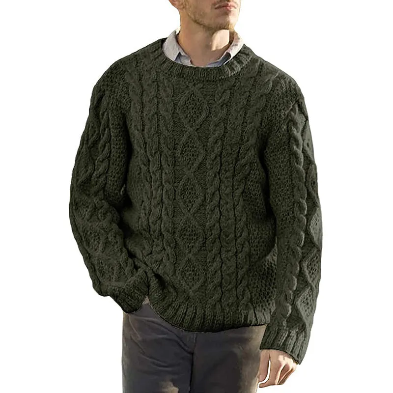 Mens Sweater  Chunky Cable Knit  Oversized Fit  Ribbed Round Neck Pullover