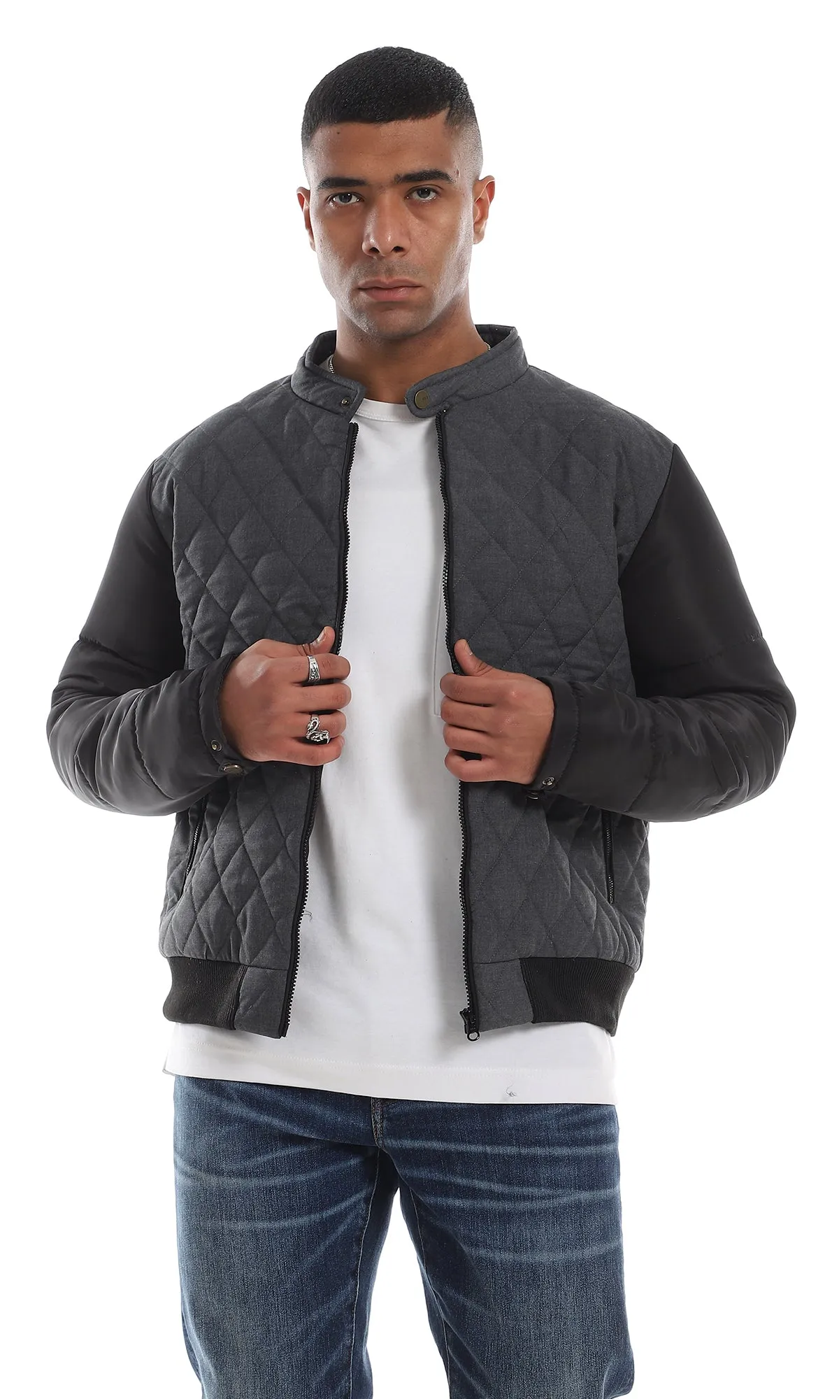 O161823 Diamond Stitched Full Zipper Bi-Tone Dark Grey & Black Jacket