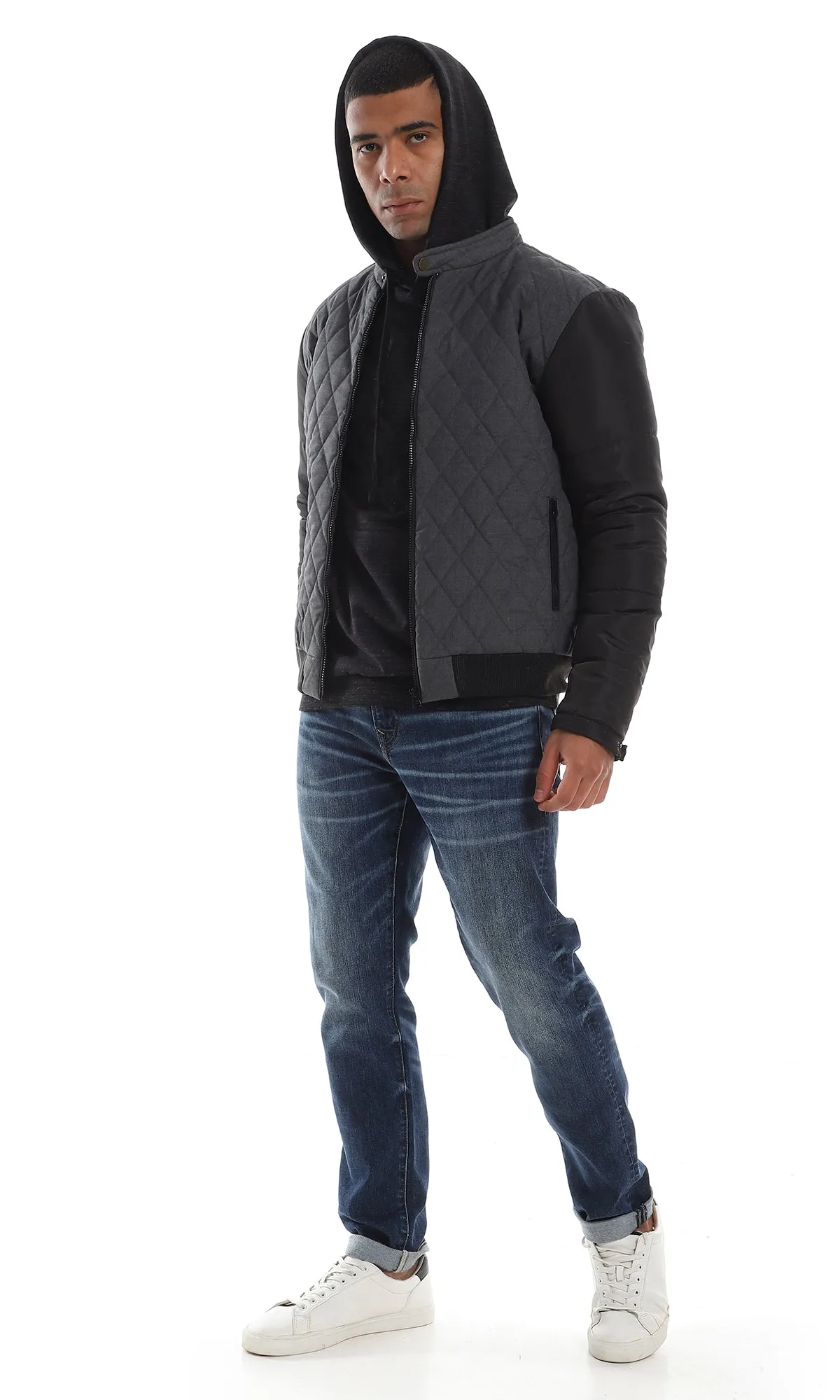 O161823 Diamond Stitched Full Zipper Bi-Tone Dark Grey & Black Jacket