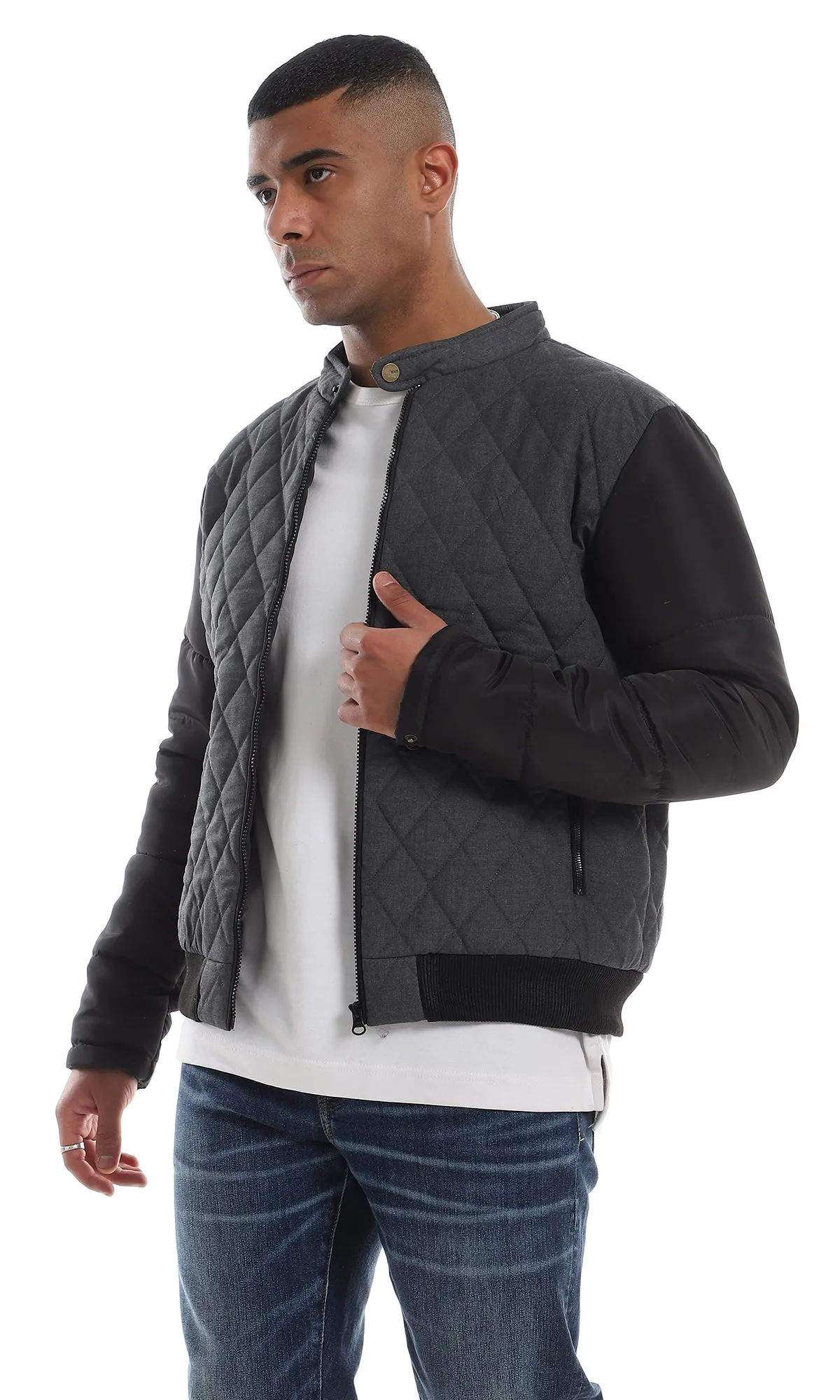 O161823 Diamond Stitched Full Zipper Bi-Tone Dark Grey & Black Jacket