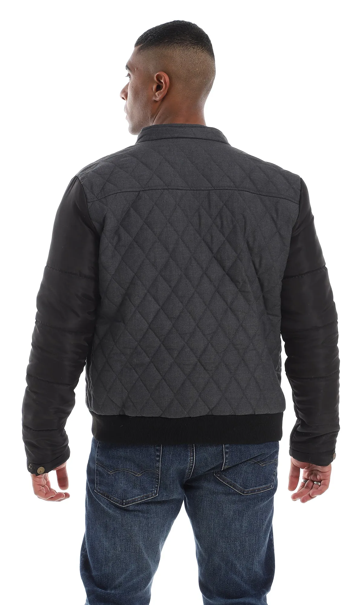 O161823 Diamond Stitched Full Zipper Bi-Tone Dark Grey & Black Jacket
