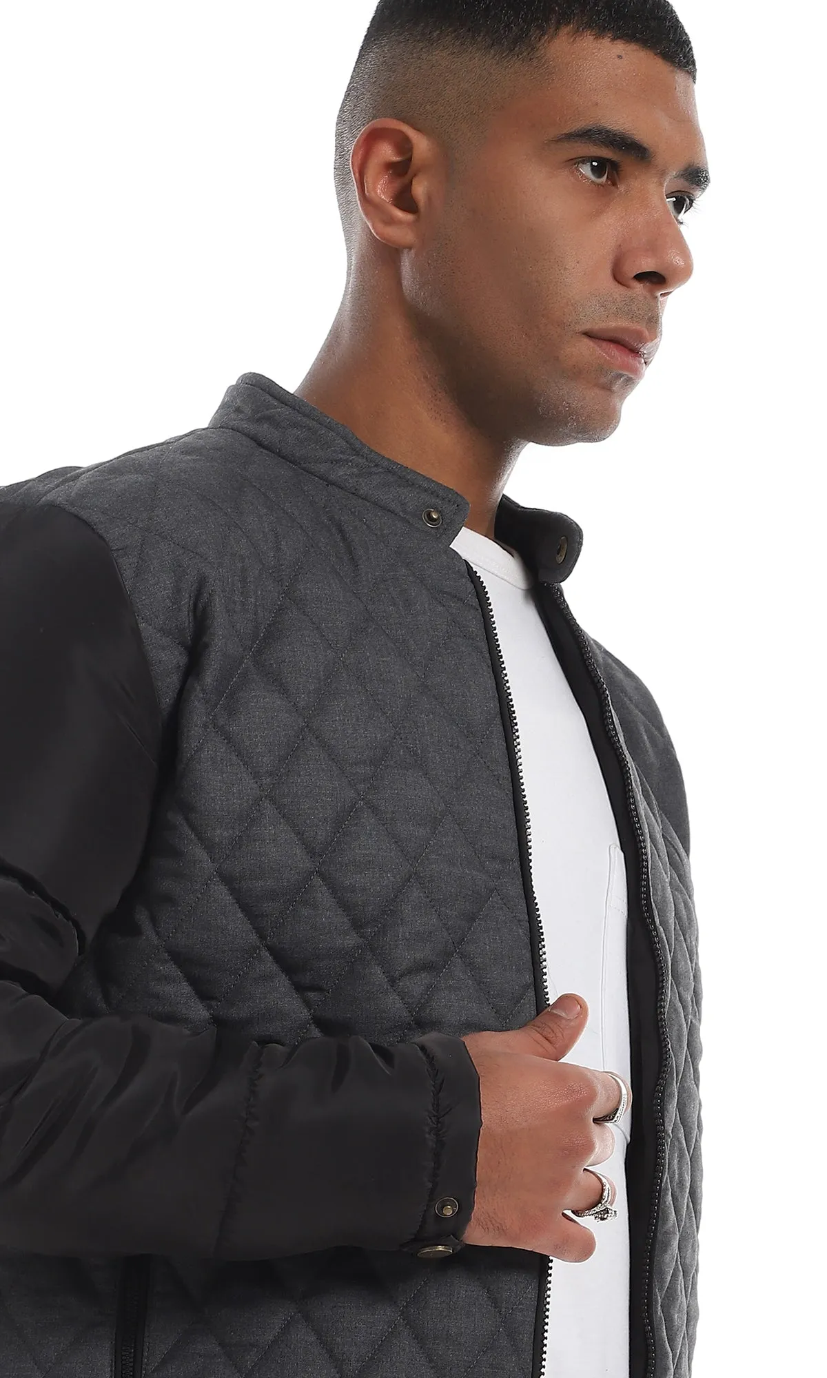O161823 Diamond Stitched Full Zipper Bi-Tone Dark Grey & Black Jacket