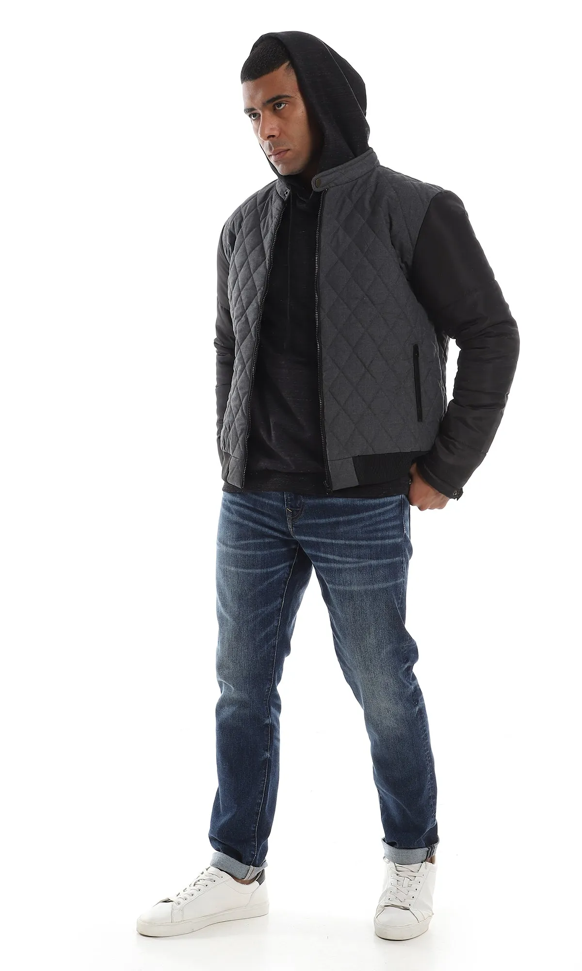 O161823 Diamond Stitched Full Zipper Bi-Tone Dark Grey & Black Jacket