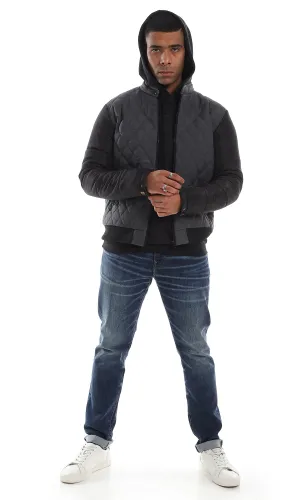 O161823 Diamond Stitched Full Zipper Bi-Tone Dark Grey & Black Jacket