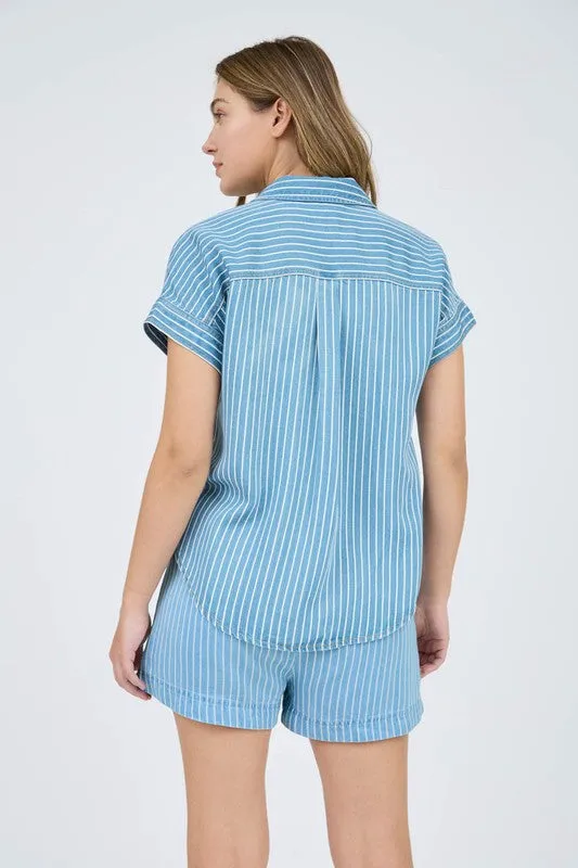 Pinstripe Denim Button Up Blouse