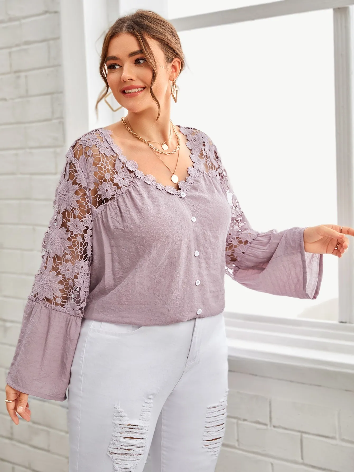Plain Contrast Lace Long Sleeve V Neck Regular Plus Blouse