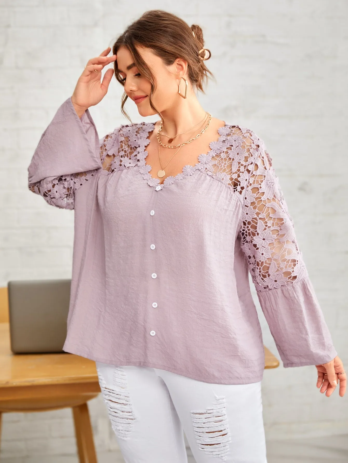 Plain Contrast Lace Long Sleeve V Neck Regular Plus Blouse